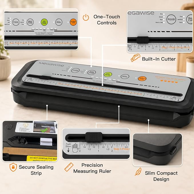 MEGAWISE 2025 Powerful Vacuum Sealer Machine | Compact Design | One-Touch Automatic | Seal in 10-20 Seconds | Dry, Moist, Wet, and Cold Modes | With 10 Vacuum Bags & Built-in Cutter