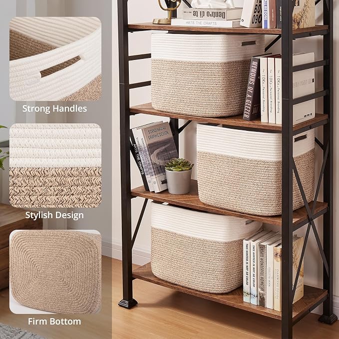 OIAHOMY 13 Inch Cube Storage Bins, 3-Pack Cotton Rope Woven Baskets for Organizing, Insert Storage Baskets for Shelves, Baby Nursery, Closet Organizer, 15 * 13 * 12.6IN, Brown & White