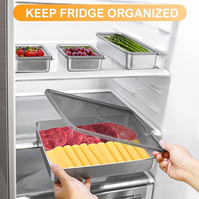 2Pack Bacon Container for Refrigerator，Deli Meat Container for Fridge,304SS Airtight Food Storage Container,Stackable Fridge Organizer with Locking Lid (BPA Free)