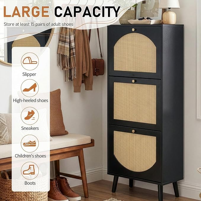 Karl home Black Rattan Shoe Cabinet, 3-Tilt-Out Entryway Storage Organizer | Hidden Shoe Rack with 3 Tilt-Out Compartments for Heels, Slippers and Casual Shoes, Space Saving Entryway Furniture