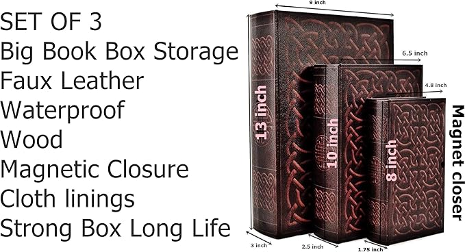 Bellaa 28175 Decorative Book Box Vintage Irish Celtic Knot Hidden Secret Storage Jewelry Keepsake Gift Set of 3