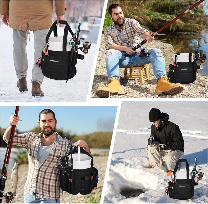 Boomistry Fishing Bucket Organizer for 5 Gallon Bucket, Black | 15 Multi-Pockets, 4 Built-in Rod Holder Storage, 3 Adjustable Buckles, for All Fishing Gear & Tackle Accessories