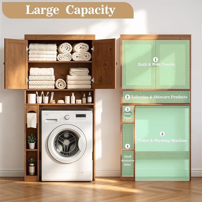 Over The Toilet Storage Cabinet Bathroom Shelf Over Toilet Bathroom Organizer Space Saver Rack with Adjustable Shelf (Brown- Yellow, Rattan Style)