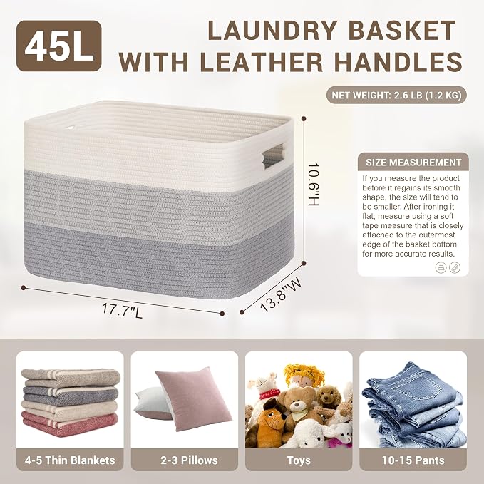 45L Small Woven Laundry Basket Hamper with Handles, Gradient Grey | 18"x14"x11", collapsible wicker hamper, storage for dirty clothes, toys, blankets, gifts, living room, bedroom, bathroom