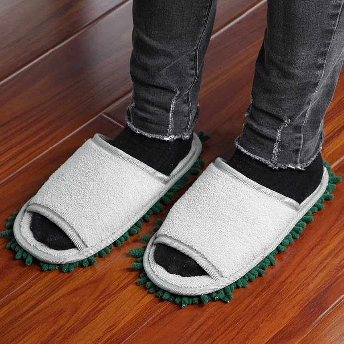 ofoot Womens Open Toe Microfiber Floor Dust Cleaning Mop Slippers & Hand Towels Set 10 4/5"(Size 9-10)