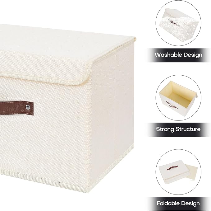 ANMINY Storage Bin with Lid Storage Boxes with PU Leather Handles PP Plastic Board Decorative Foldable Lidded Cotton Linen Fabric Home Cubes Baskets Closet Organizer Container - Beige, Medium
