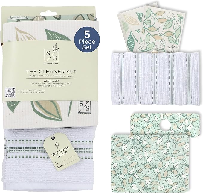 Stitch & Stone Cleaner Set - Perfect for Everday Kitchen Cleaning, 100% Cotton Kitchen Towel, Grip Mat for Dish Drying, Grip Mat for Sink Accessories, & 2 Reusable Dishcloths - Leafy Green