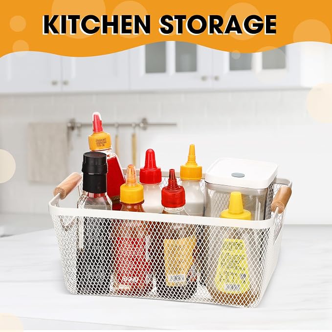 Ziliny 4 Pcs Metal Mesh Wire Baskets with Wooden Handles for Organizing, Pantry Organizers and Storage Steel Bin Kitchen Baskets for Fruit Potato Onion Snacks Bathroom Cabinet(Medium,Cream White)