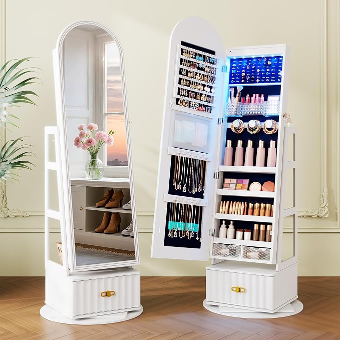 Vlsrka Arched LED Mirror Jewelry Cabinet with Full Length Mirror, White | Lockable Jewelry Armoire Cabinet, 360° Swivel Jewelry Organizer with Drawer Storage, Foldable Makeup Shelf, 2 Rear Hooks