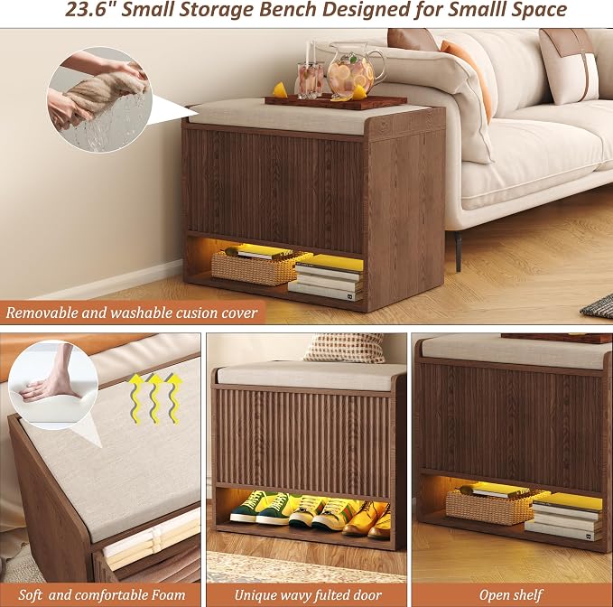 HOMEFORT 23.6" Fluted Shoe Storage Bench, Small Entryway Bench with Linen Seat Cushion, Shoe Cabinet Bench with Adjustable Shelf and Built-in LED Sensor Light, Bench for Bedroom End of Bed,Walnut