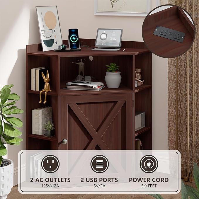 Halitaa Corner Storage Cabinet, Farmhouse Corner Bookshelf with Storage 6-Cubby Wooden Cabinet with USB Ports and Outlets Industrial Organizer for Small Space, Study, Playroom, Living Room