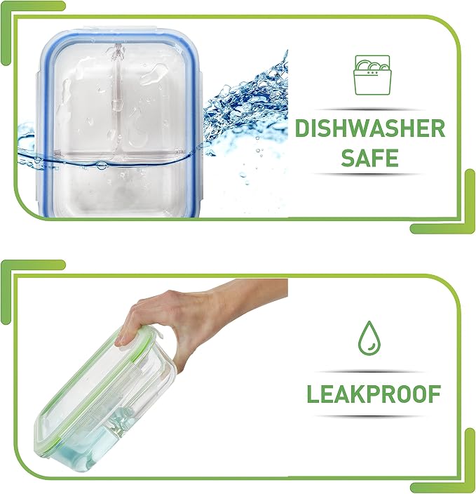PrepNaturals 4 Pack 34 Oz Glass Meal Prep Containers - Dishwasher Microwave Freezer Oven Safe - Glass Storage Containers with Lids (Multi-Compartment) | Borosilicate Glass Meal Prep Containers - Airtight Leak-Resistant Lids, Microwave, Oven & Freezer S...