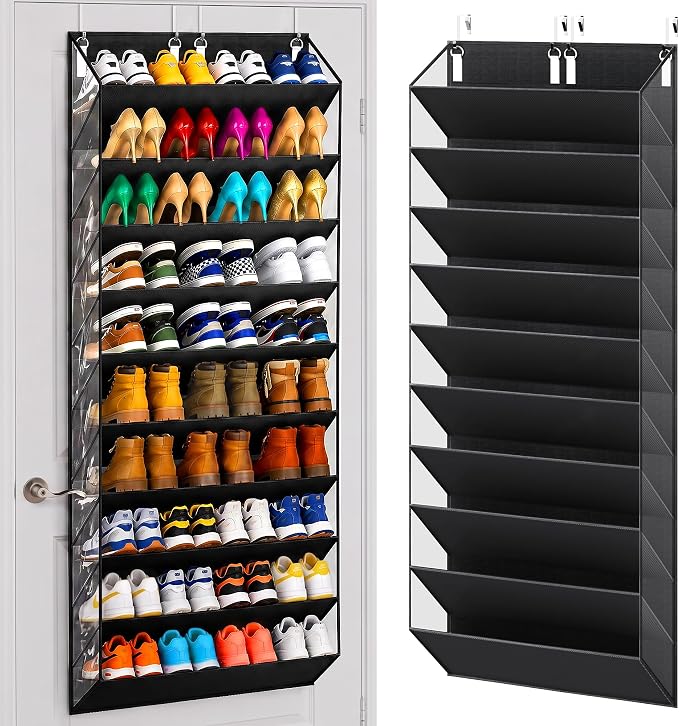 UVIAHOMI 30-40 Pairs Over the Door Shoe Organizer, Clear Pockets Hanging Shoe Storage for Closet, 10-Tier Door Shoes Rack, Handing Shoes Holder Fit All the Family's Sneakers, Boots, Heels, Black