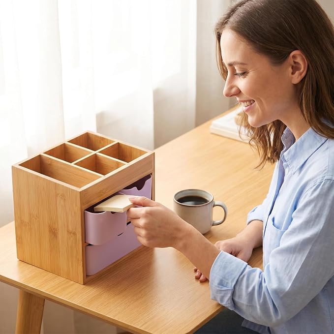 Bamboo Makeup Organizer with 3 Pink Drawers, Dresser Cosmetic Organizer Box,Bamboo Desk Organizer for Home with Adjustable Dividers
