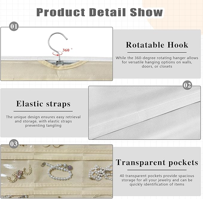 Hanging Jewelry Organizer for Necklaces Earrings, 1-Pack White and Beige | Foldable Double-Sided 36 hooks & 40 clear pockets; swivel hook fits walls, doors & rods for earrings, bracelets, rings