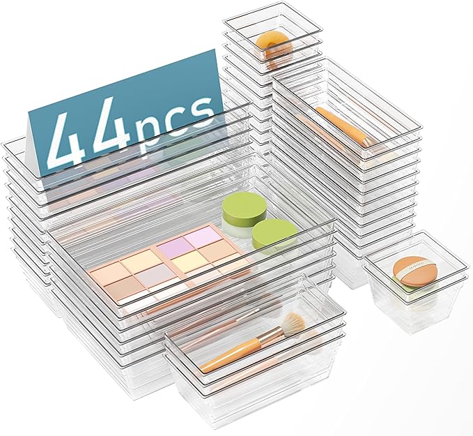 DCA 44 PCS Clear Drawer Organizers Set, 4 Size Versatile Bathroom and Vanity Organizer Trays, Cosmetic Display Cases for Makeup, Jewelries, Bedroom, Kitchen Utensils and Office