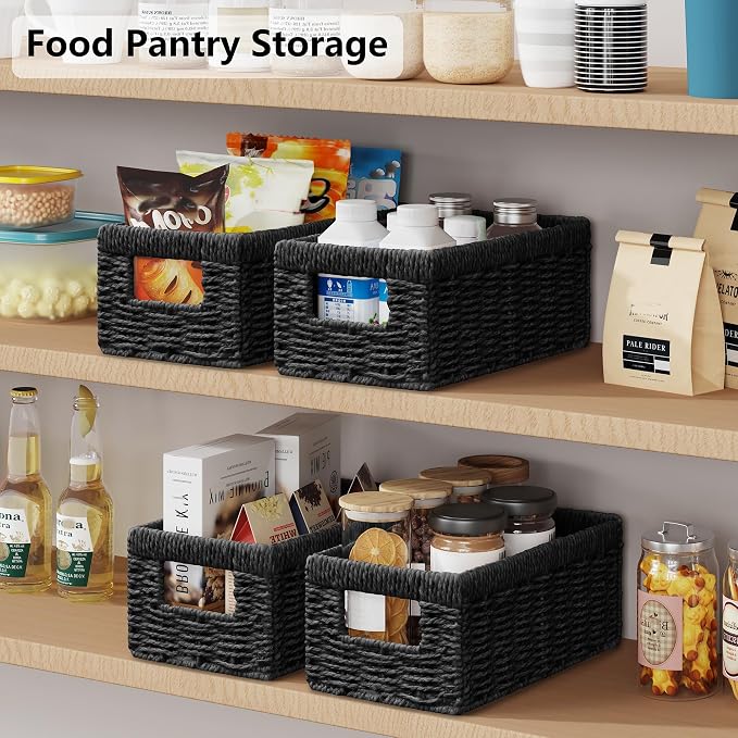 Vagusicc Wicker Storage Basket, Set of 2 Hand Woven Wicker Baskets for Organizing with Handles, Decorative Small Storage Bins for Countertop Toilet Paper Basket for Toilet Tank Top Shelves, Black