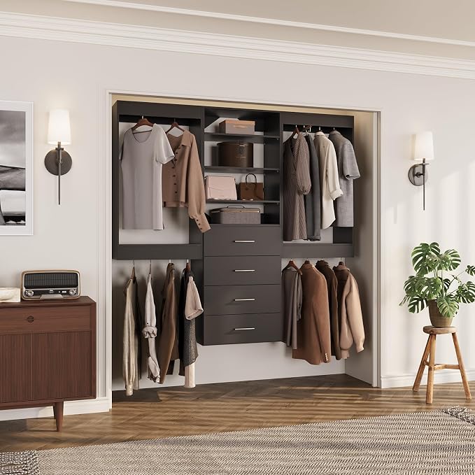 ROOMTEC Modular Closet System, 72" Wall-Mounted Closet Organizer with Drawers and Hanging Rods, Wooden Tower for Walk-In Closets, Wardrobe Storage Kit, Black