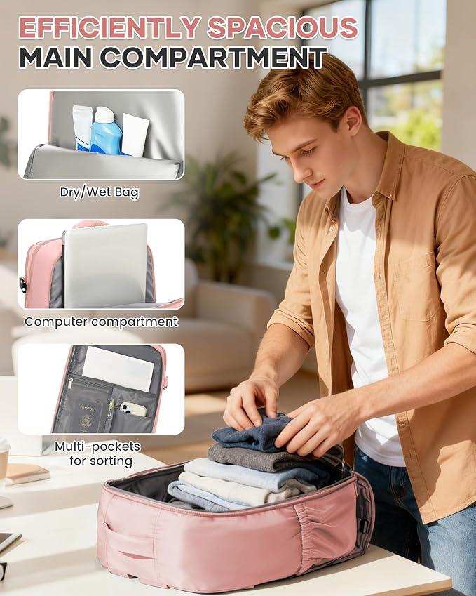 WONHOX Large Travel Backpack Women, Carry On Backpack,Hiking Backpack Waterproof Outdoor Sports Rucksack Casual Daypack with Shoes Compartment, Pink