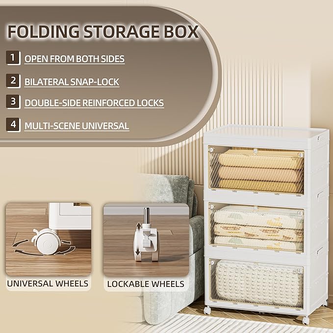 280 QT / 70 Gal Large Foldable Storage Cabinet with Wheels - Extra Capacity, Transparent Front & Back Doors, One-Pull Assembly, Silent Casters for Garage/Stockpile (PP Material)