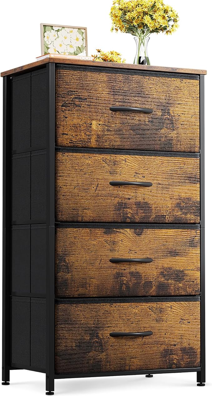 ODK Small Dresser for Bedroom with 4 Storage Drawers, Vintage | Dresser Chest of Fabric Drawers with Sturdy Steel Frame for Small Space, Wood Top