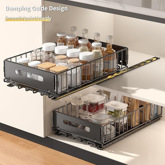 PureBox Pull Out Cabinet Organizer, Slide Out drawers for cabinets, Heavy Duty Carbon Steel Roll Out Shelves for kitchen, bathroom, pantry (14.7’’-23.1’’ Slide, Adhesive & Screw), Black (1)