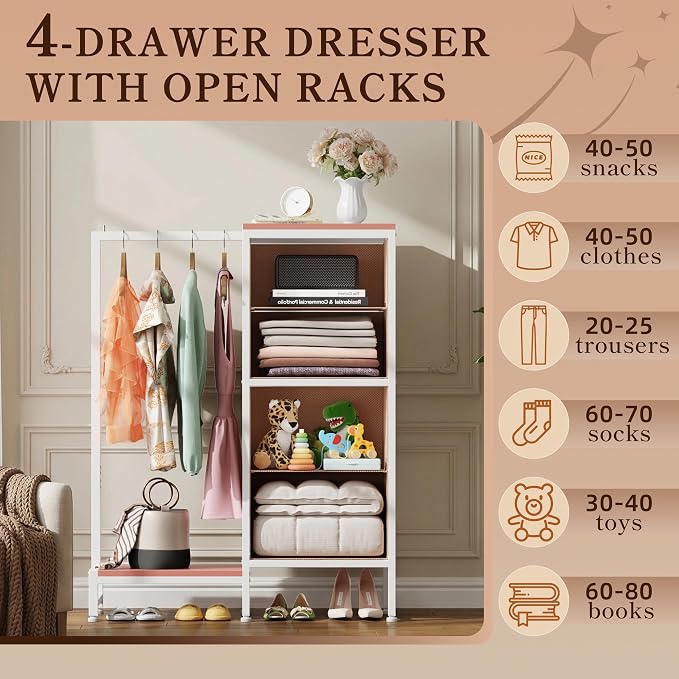 HIGDBFE Dresser with Hanging Rack, 4 Drawers Small Closet for Bedroom, Reversible Fabric Kids Chest of Drawers with Clothes Rack, Tall Storage Tower, Sturdy Frame, Pink, 44''H