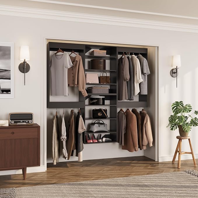 ROOMTEC Modular Closet System, 66" Wall-Mounted Closet Organizer with Hanging Rods and Shelves, Wooden Tower for Walk-In Closets, Wardrobe Storage Kit, Black