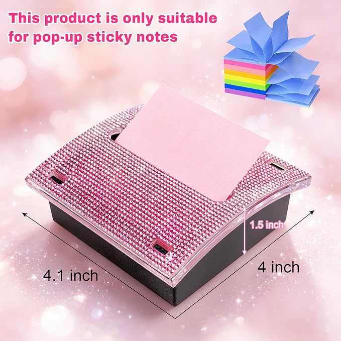 Pink Rhinestone Sticky Note Dispenser 4x4 Inches | Bling Pop-Up Memo Holder for Office Desk, Cute Desktop Organizer, Employee Coworker Gift, Home Supplies