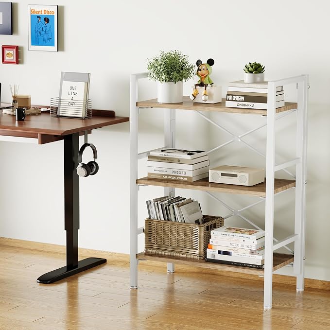 Homeiju Folding Bookshelf No Assembly, 3 Tier Bookcase Foldable Shelf with X-Bracket Design, Adjustable Feet, Space Saving Storage for Living Room, Office (Light Coffee)