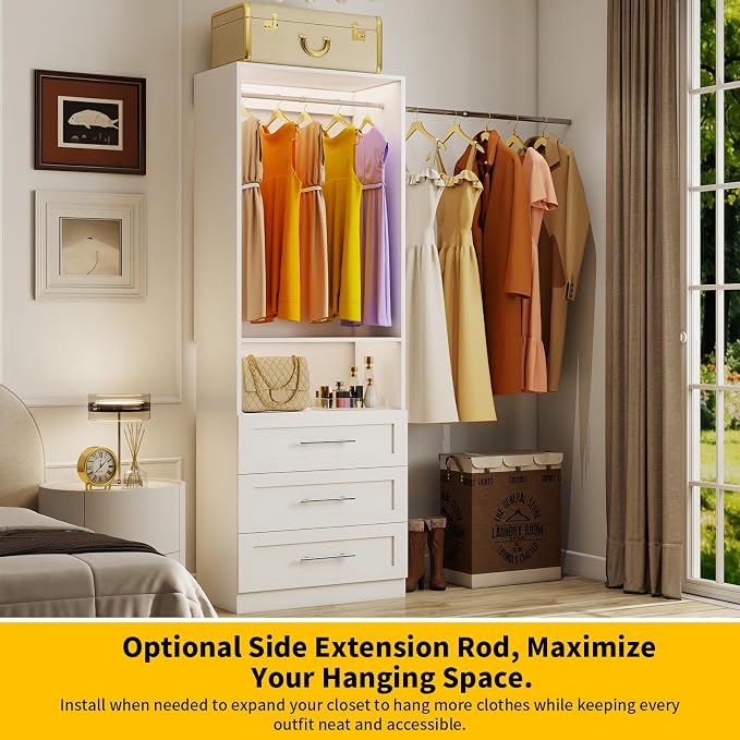 Closet System with 3 Drawers, 2-5FT Custom Closet Organizer System Shelving with 2 Hanging Rods & Shelf, Small Walk-in Closet System Freestanding, Modular Closet Organizer Storage System, White