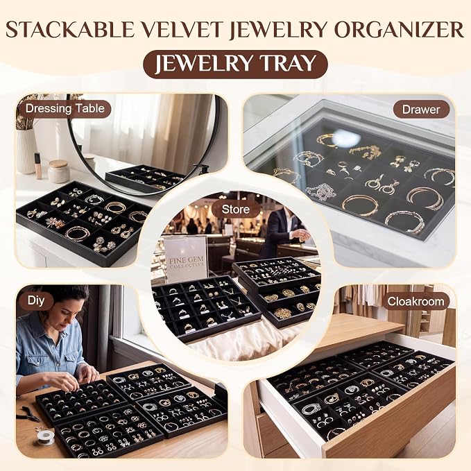 Unittype Set of 4 Stackable Jewelry Organizer Tray for Drawer Inserts Velvet Necklace Earring Bracelet Ring Holder Jewelry Display Storage Box for Bangle Stud Necklace Ring(24+12 Grid,Black)
