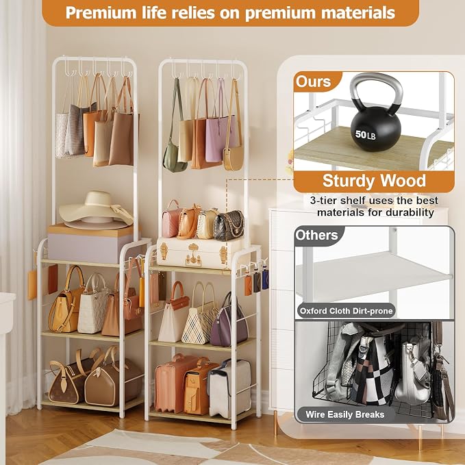 Hayexiha Tall Purse Organizer with Wood Shelves, Heavy Duty Metal Floor-Standing Handbag Storage Rack Stand for Women, Narrow & High-Capacity Bag Hanger Organizer for Closet, Bedroom, Small Space