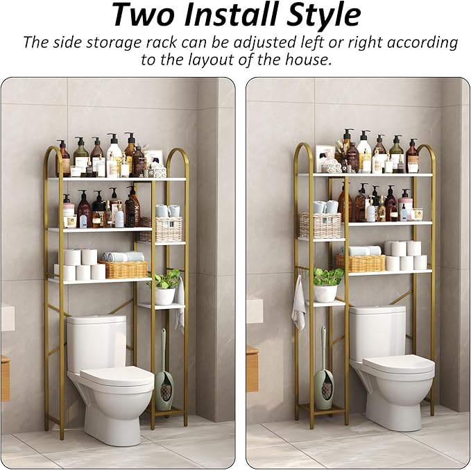 HOMEFORT Over The Toilet Storage with Side Rack, 6-Tier Over Toilet Storage Rack with Adjustable Shelf, Space Saver Bathroom Organizer for Laundry, Balcony, Kitchen,31.5" W x 9.4" D x 65" H, Gold