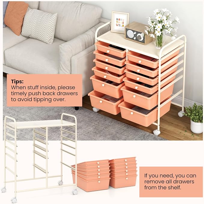 DREAMADE Rolling Cart with Storage Drawers, Utility Cart with Removable Plastic Drawers, Lockable Wheels, Art Cart for Classroom Organization Art Supplies Office Scrapbook (12 Drawers, Peach)