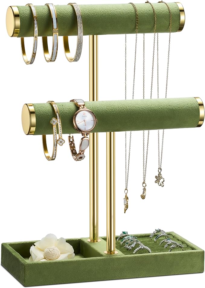 bussdis 2 Tier Bracelet Holder Display - Detachable T Bar Green Velvet Bracelet Holder, Jewelry Holder Organizer for Bracelet, Necklace, Earrings, Rings