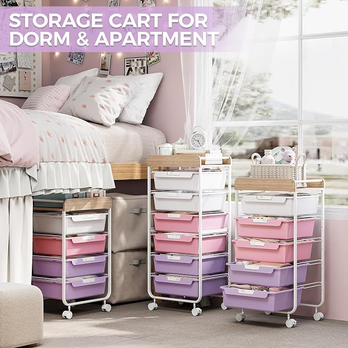 SYKIARIOL Rolling Cart with 6 Drawers,Utility Storage Cart with Drawers,Art Craft Organizers and Storage,Makeup Organizer with Wooden Tabletop,Purple