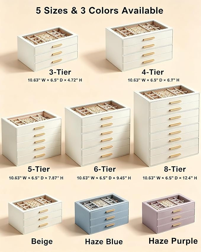 Lolalet Jewelry Box Organizer, 8-Layer Jewelry Organizers and Storage Case with Glass Lid, Ring Earring Bracelet Necklace Holder Organizer, Birthday Valentine Gifts for Women Girls -8Layer, Beige
