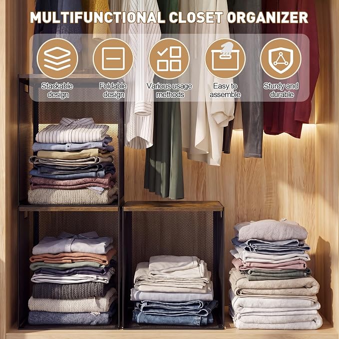 AceOrbit 3 Pcs Heightened Stackable Closet Organizers and Storage with Wood Foldable Top Metal Cube Closet Shelf DIY Space Saving Linen Cloth Shoe Bed Sheet Bin Wardrobe Bedroom (12"x12"x15.7", Dark)