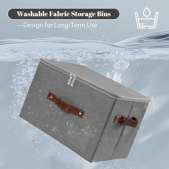 ANMINY Fabric Storage Box Bins with Zipper Lid, Washable Gray | Cotton Linen Fabric, PP Board Frame, Label Holder, Stackable & Foldable, PU Handles, Dual-Zipper 3-Side Open Lid, Large