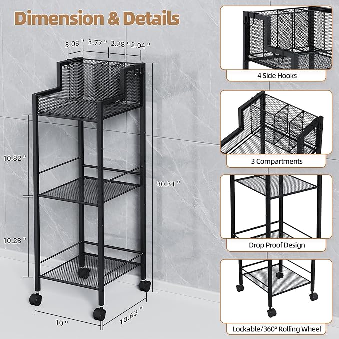 VITVITI Metal Hair Tool Organizer Shelf for Bathroom, 3 Tiers Hair Product Bathroom Cart Organizer Floor Stand, Curling Irons Straighteners Storage Makeup for Vanity (Black Color)