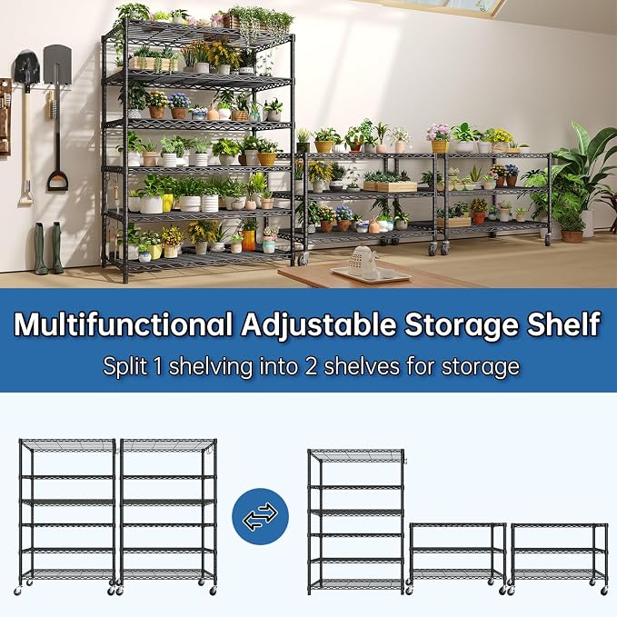 2Pack Wire Shelving 1500lbs 6 Tier Storage Shelves with Wheels NSF Certified Heavy Duty Steel Metal Shelf Adjustable Rolling Rack Kitchen Garage Closet Pantry Laundry 36" Wx16 Dx79 H