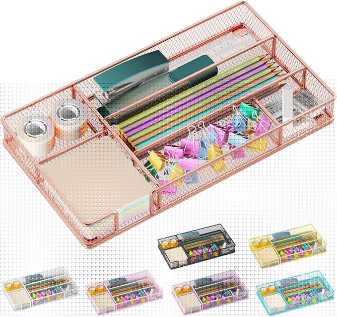 Desk Drawer Organizer Tray, Mesh Desk Organizer, Office Drawer Organizer, Desk Accessories & Workspace Organizers, Suitable for Tools, Pencils, Office Supplies Storage (Rose Gold)