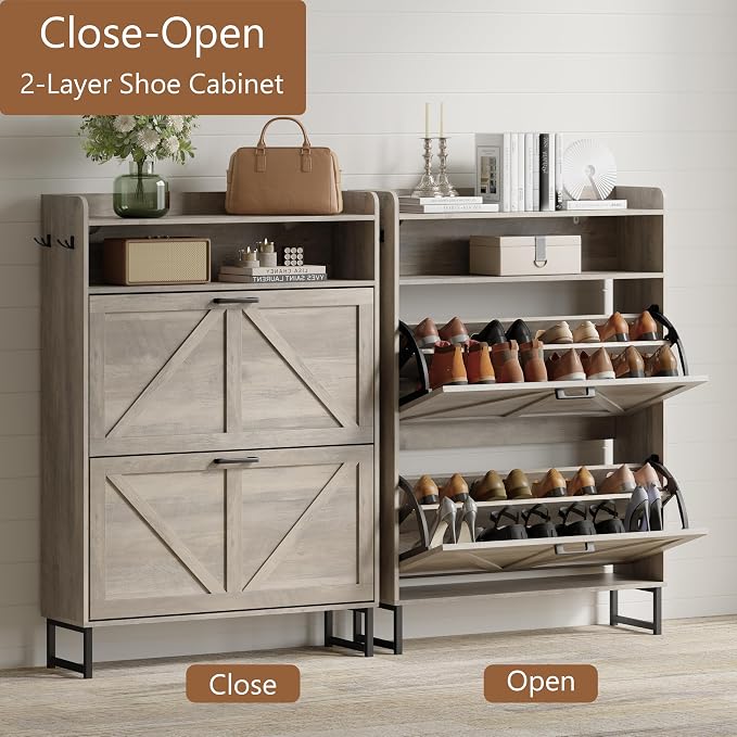 Shoe Cabinet with 2 Flip Drawers, Freestanding Hidden Shoe Storage Organizer for Entryway, Narrow Slim Shoe Rack Cabinet with Open Storage & Hooks for Front Door Entrance, Living Room, Hallway, Grey