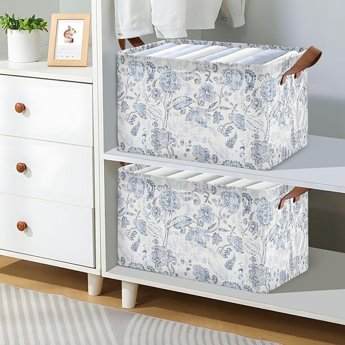 Vintage Blue Floral Rustic Retro Ethnic Storage Bins for Shelves with Labels&Handles Fabric Organizer Bin Foldable Rectangle Storage Basket Boxes for Closet, Bathroom, Home, Living Room