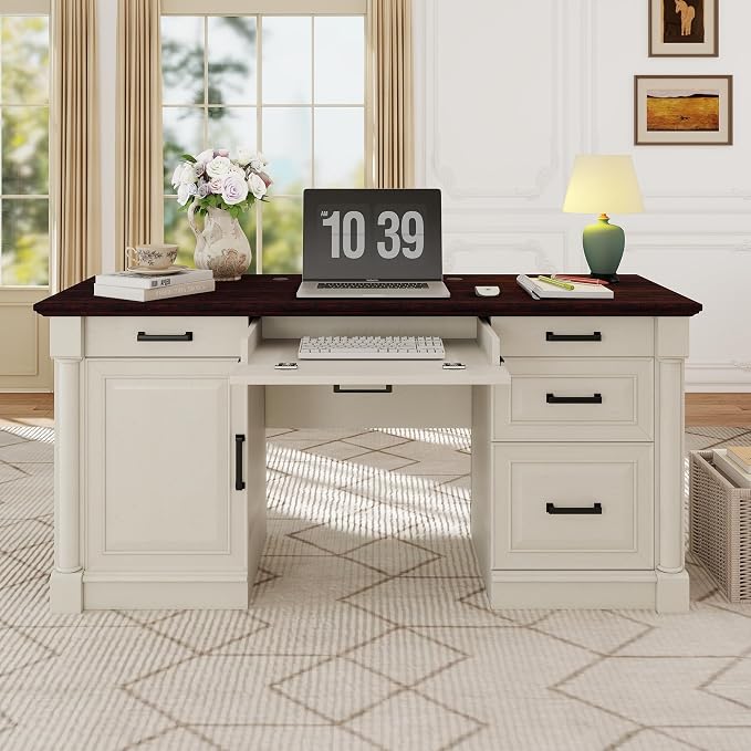 blini Large Farmhouse Executive Desk with Drawers，Wood Computer Desk，Embossed Texture Home Office Desk with File Cabinet Storage, Cable Management, Keyboard Tray，Working Table for Work Study Writing