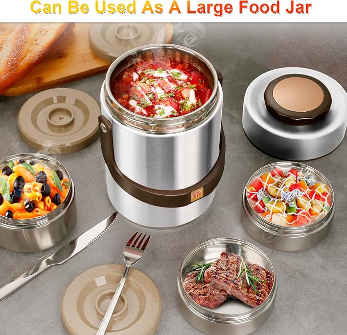 Pawovdeq 67 oz Adults Stainless Steel Vacuum Insulated Wide Mouth Soup Food Thermo Hot Food Jar with Keep Thermal Portable 3 Tier Stackable Bento Hot Food Containers Lunch Boxes (67 oz Silver)