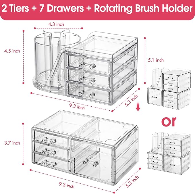 ShineMe Make Up Organizers for Vanity, 2 Tier Acrylic Stackable Cosmetic Organizer with Rotating Makeup Brush Holder & 7 Drawers, Clear Hair Accessory Organizer Countertop for Dresser, Bathroom