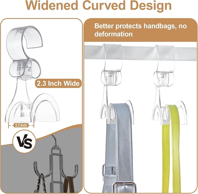 Cozcty Purse Hanger Closet, 2 Pack Clear Purse Organizer for Closet, Heavy Duty Bag Holder with 6 Hooks, Space Saving Hanging Bag Organizers and Storage for Handbags, Totes