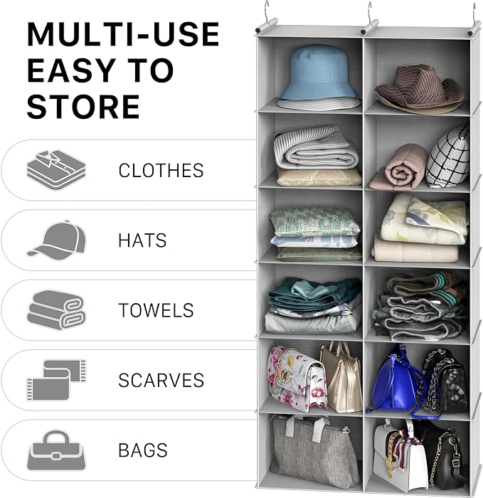 Simple Houseware 6 Shelf Double-Wide Hanging Closet Organizer, 12 Large Shelves Total, Gray